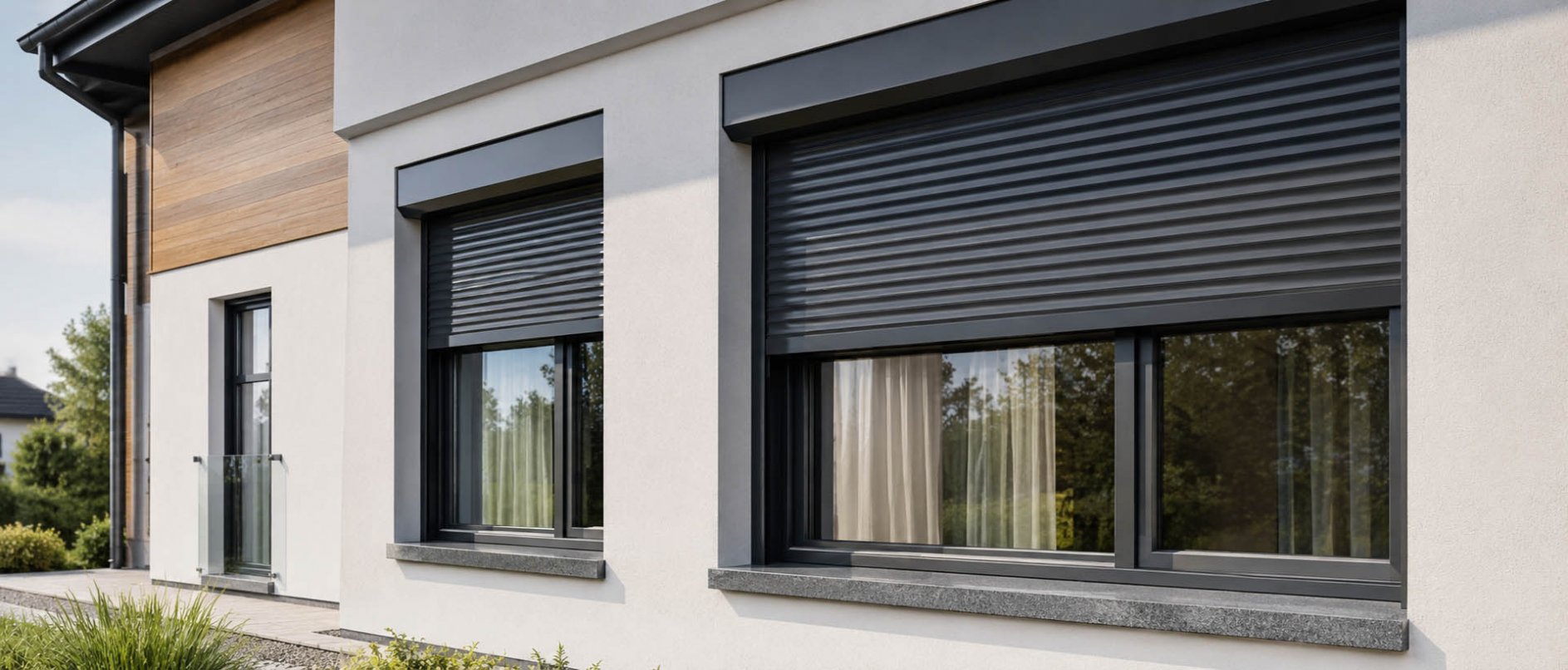 Moderne Fenster mit Rolll&auml;den an einer Hausfassade von Altenhoff T&uuml;ren- und Fenstertechnik in Hagen a.T.W.