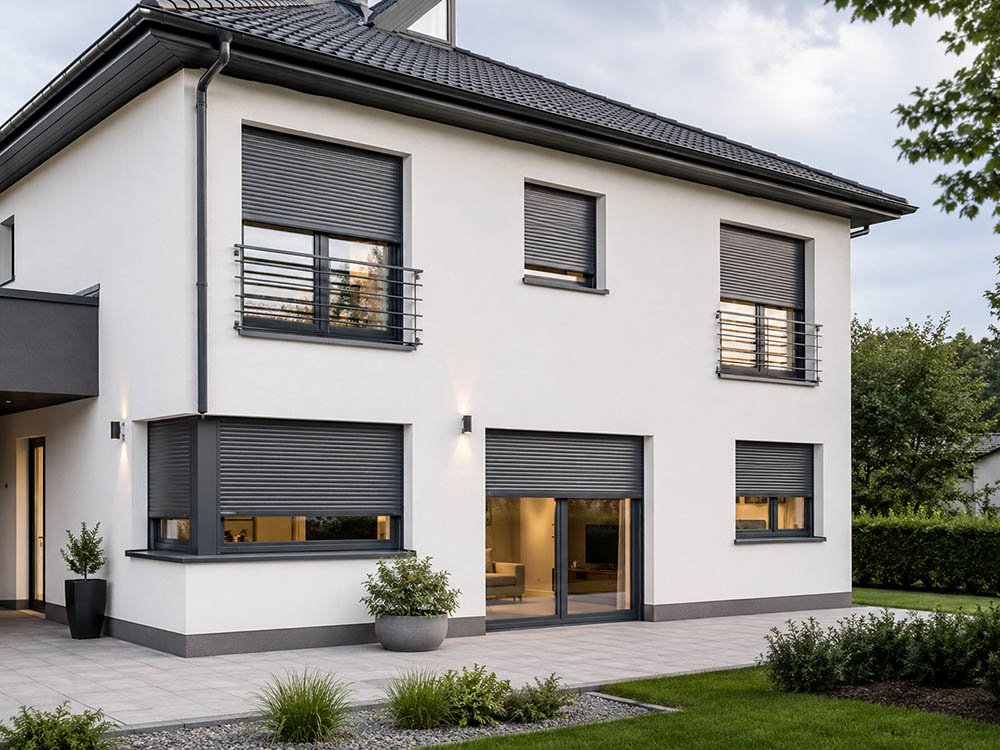 Fenster und Rollläden für moderne Häuser Moderne Hausfassade mit mehreren Fenstern und Rollläden von Altenhoff Türen- und Fenstertechnik in Hagen a.T.W.