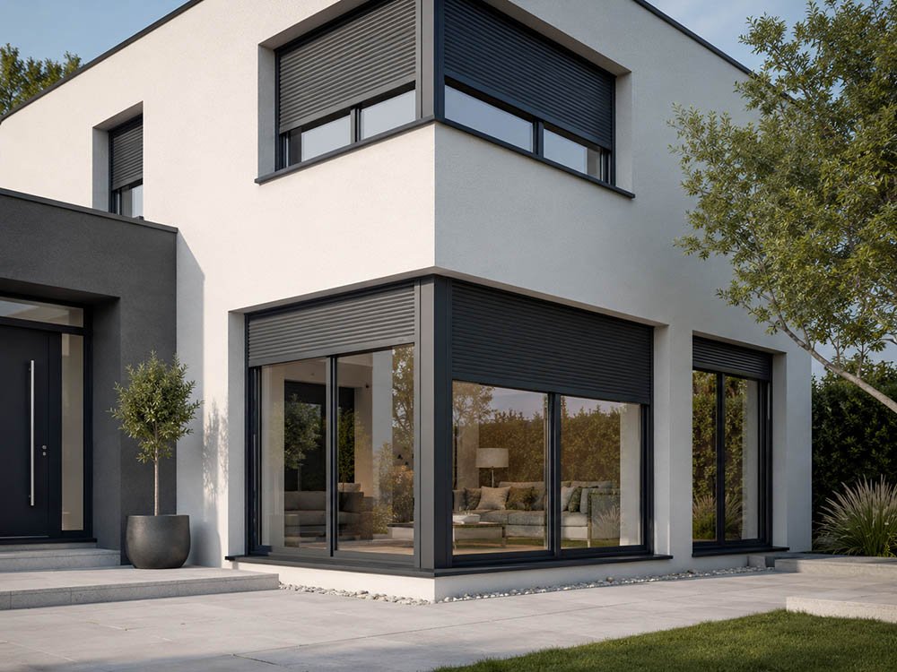 Fensterfront mit Rollläden von Altenhoff Moderne Fensterfront mit anthrazitfarbenen Rollläden von Altenhoff Türen- und Fenstertechnik in Hagen a.T.W.